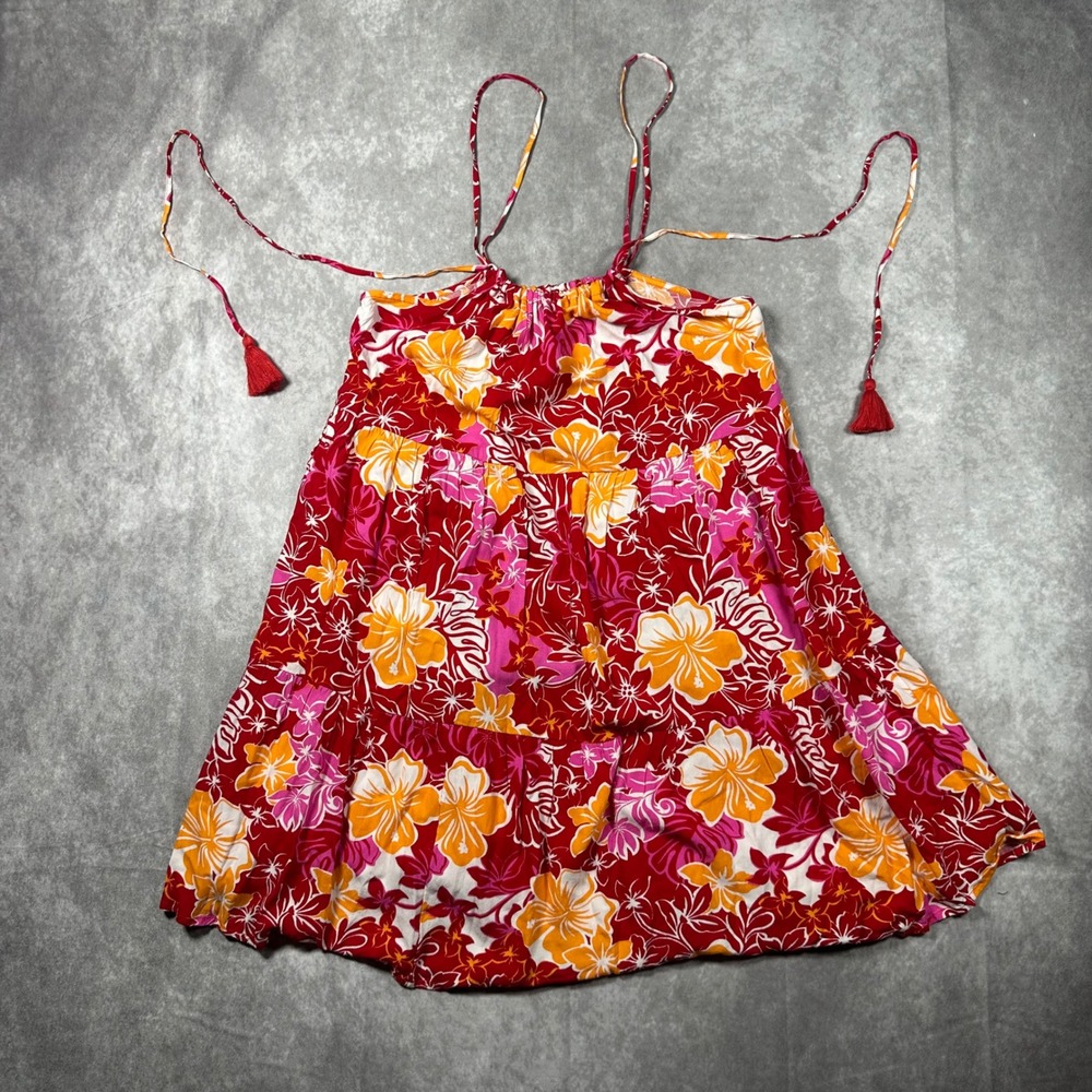 Roxy Womens Hibiscus Floral Tiered Mini‎ Dress Red Orange Pink Large Summer Boho